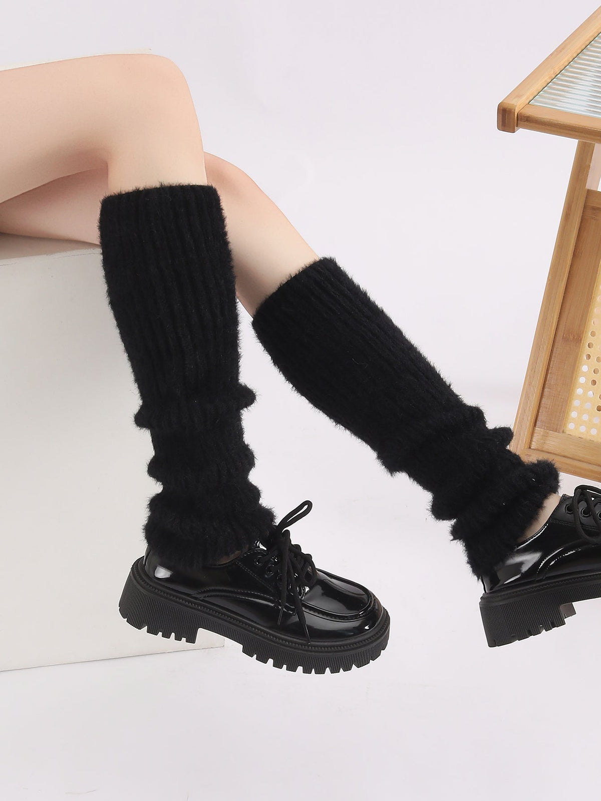 Autumn Winter Solid Knitted Fuzzy Sock Covers Women Thickened Warm Y2K Style Fleece-Lined Fluffy Fur Leg Warmers Calf Socks