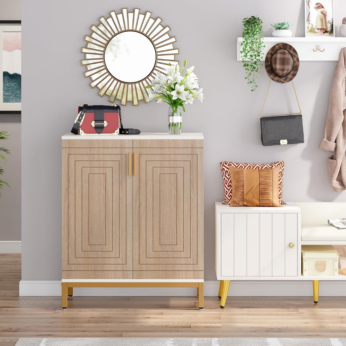 31.5" White & Natural Wood Shoe Cabinet