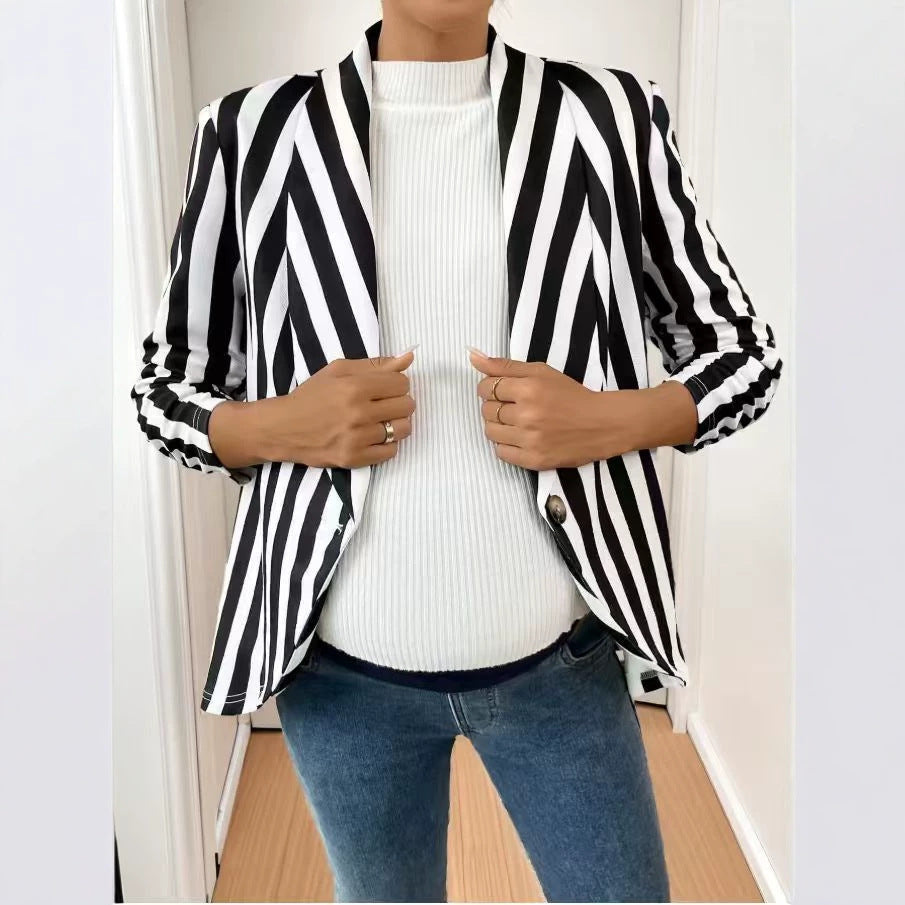 Womens Lapel-striped Single-button Cardigan Blazer