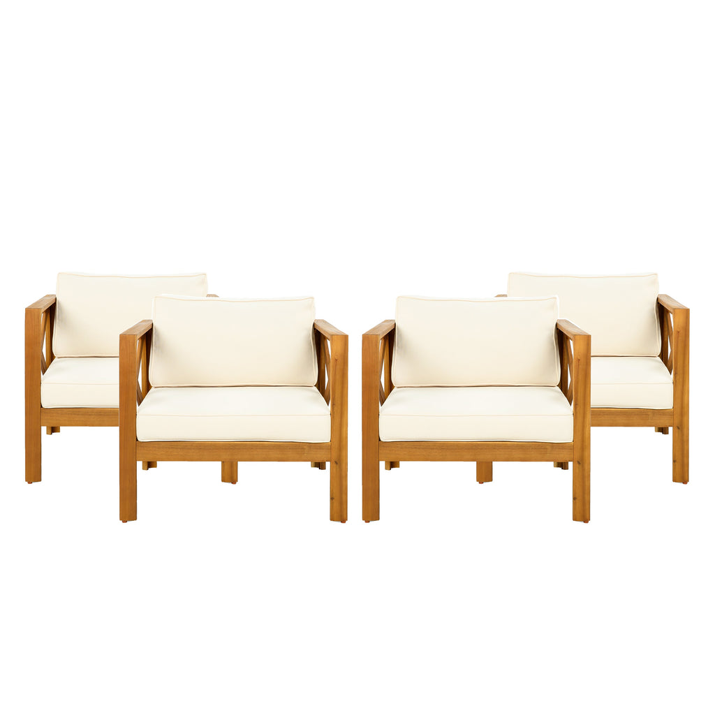 Outdoor Acacia Wood Club Wooden Armchair with Cushions (Set of 4)