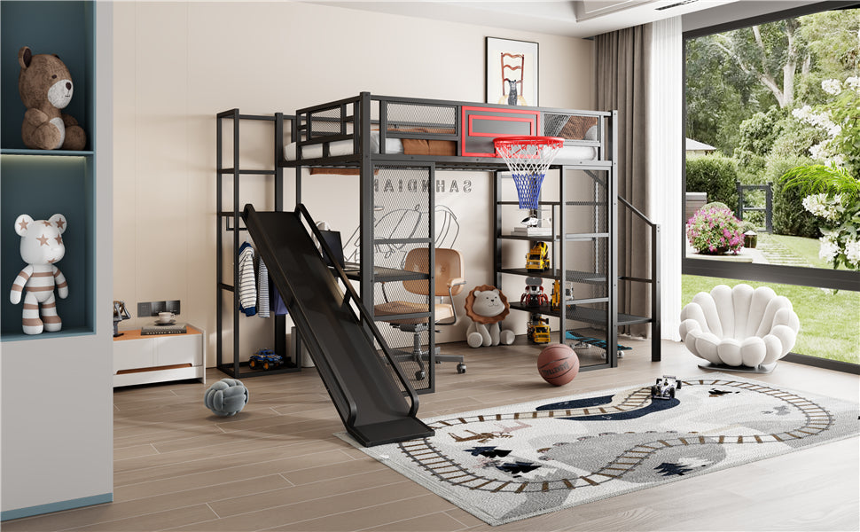 Full Size Metal Loft Bed with Built-in Desk, Open Wardrobe, Basketball Hoop, Slide and Staircase