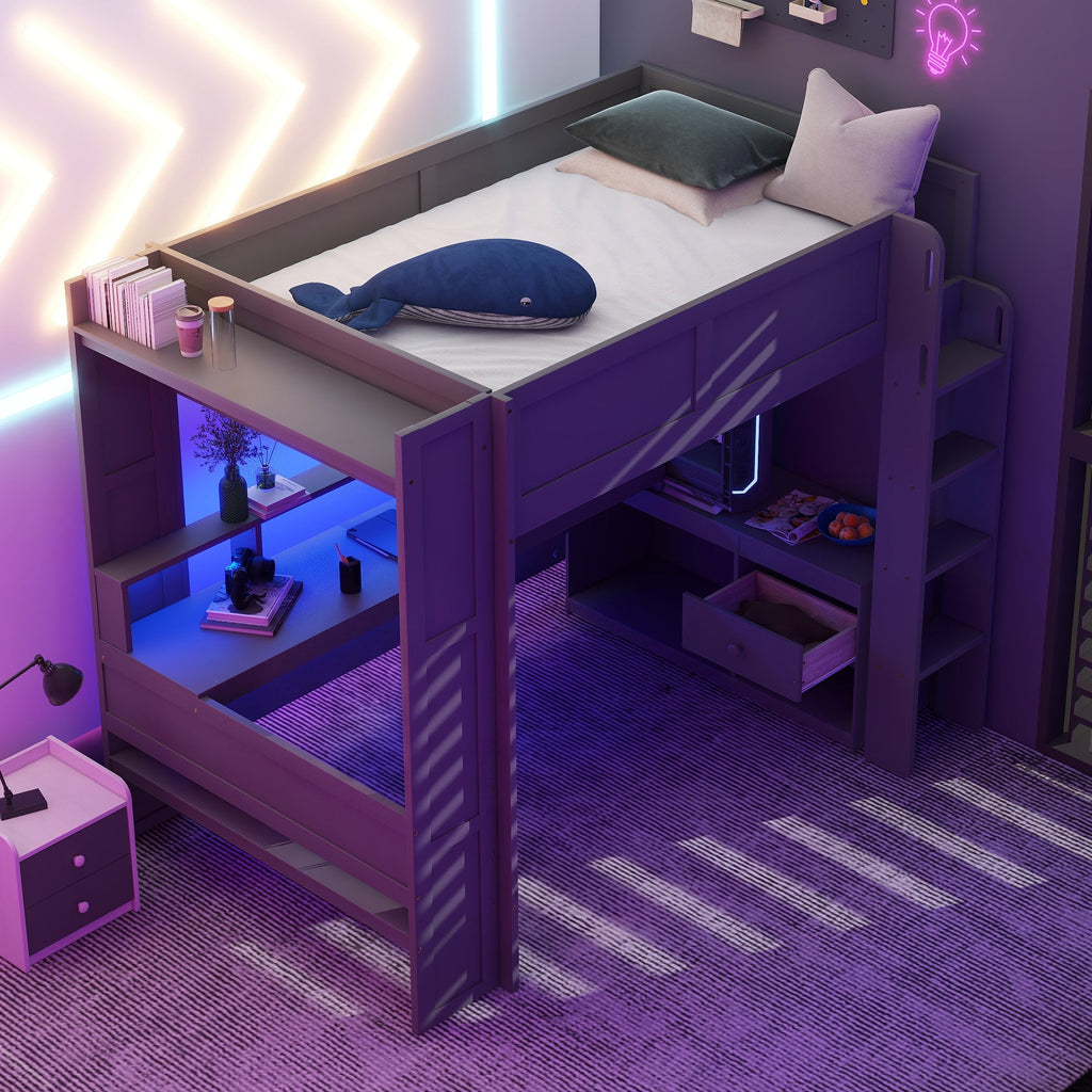 Wood Full Size Gaming Loft Bed with Desk, Storage Shelves, and LED Lighting