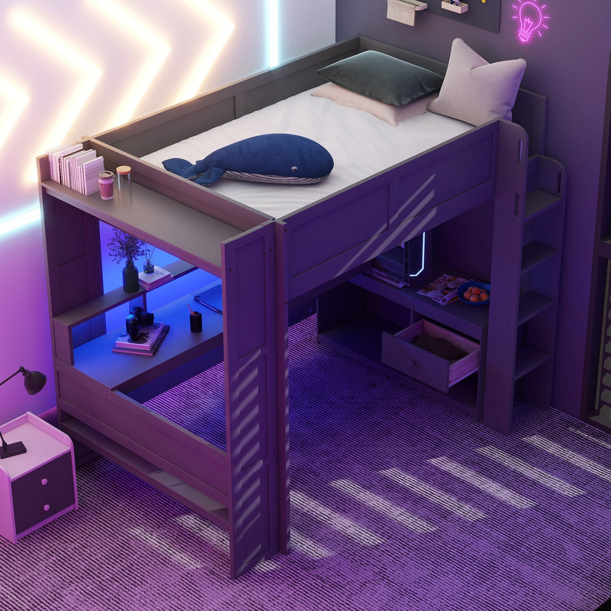 Wood Full Size Gaming Loft Bed with Desk, Storage Shelves, and LED Lighting