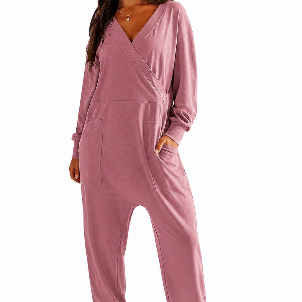 Loose-fit V-neck Casual Long-sleeve Jumpsuit