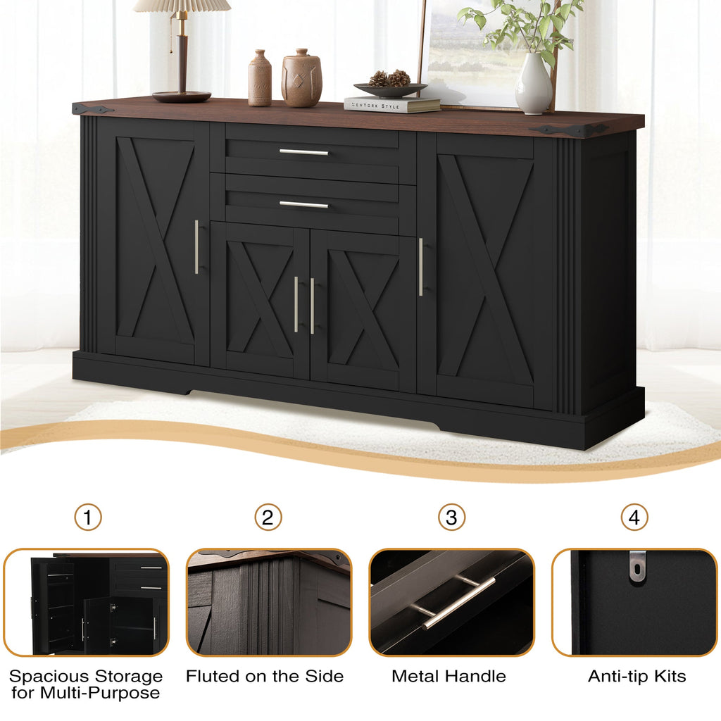 63" Farmhouse Barn Door Storage Cabinet with 2 Drawers & Door Rack