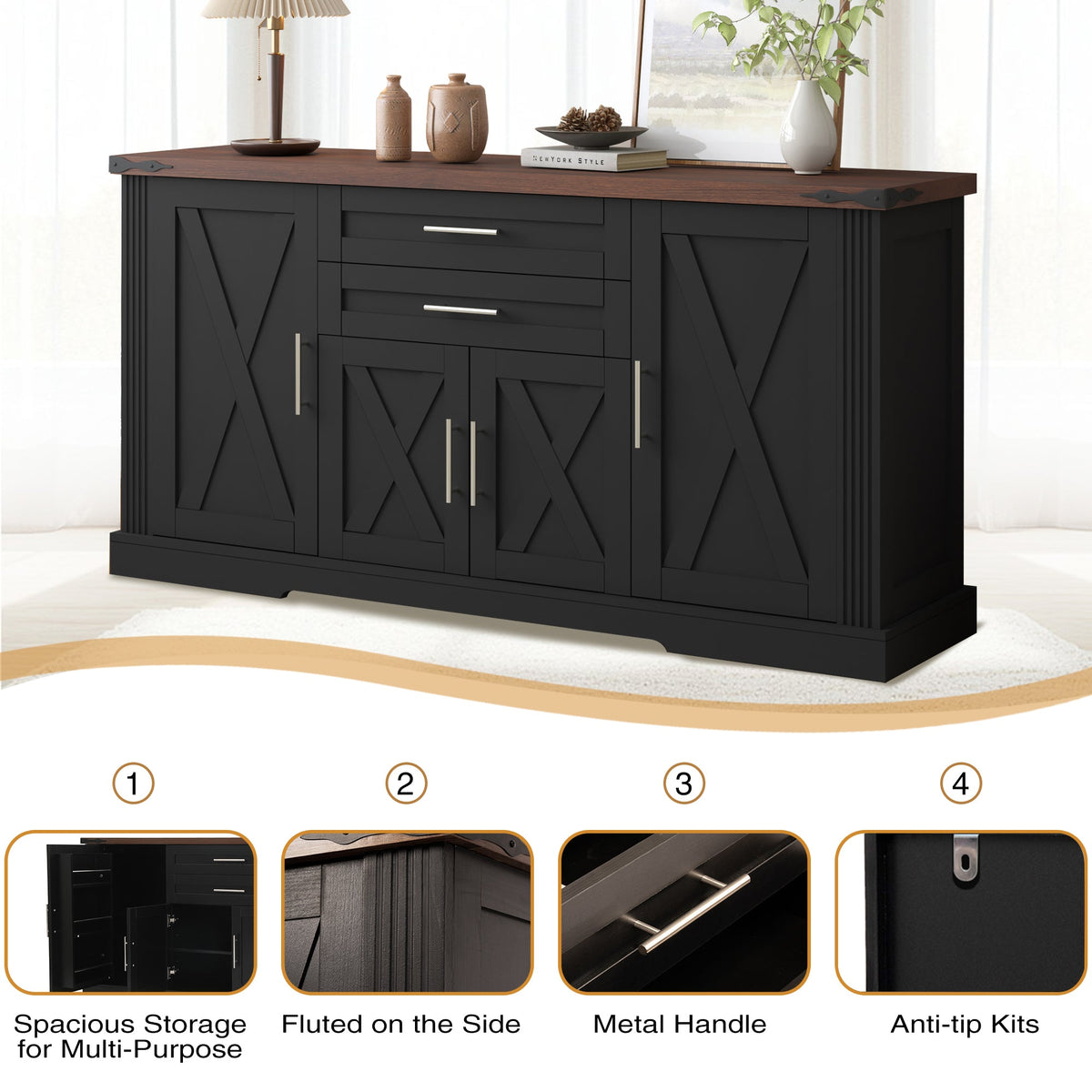 63" Farmhouse Barn Door Storage Cabinet with 2 Drawers & Door Rack