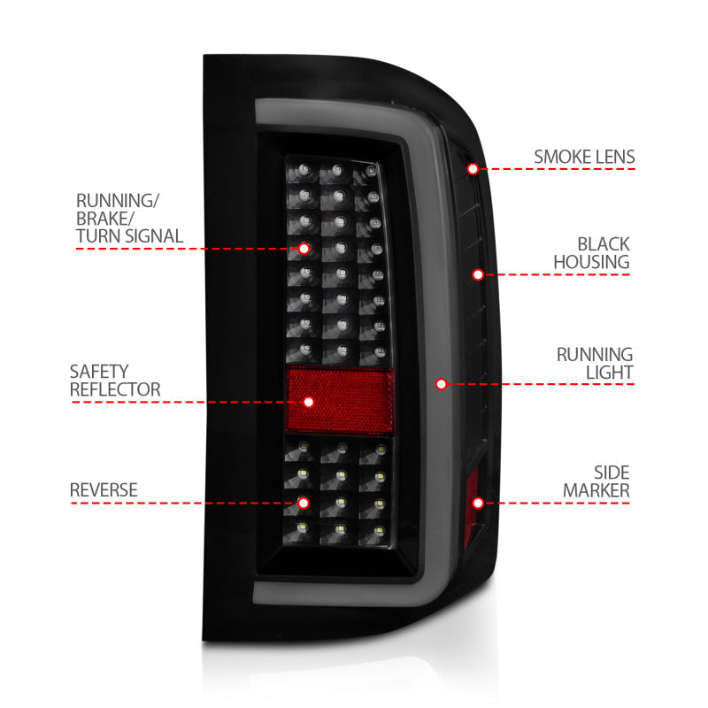 ANZO 2007-2013 Chevrolet Silverado1500/ 2500/ 3500 LED Tail Lights w/ Light Bar Black Housing Smoke 311381