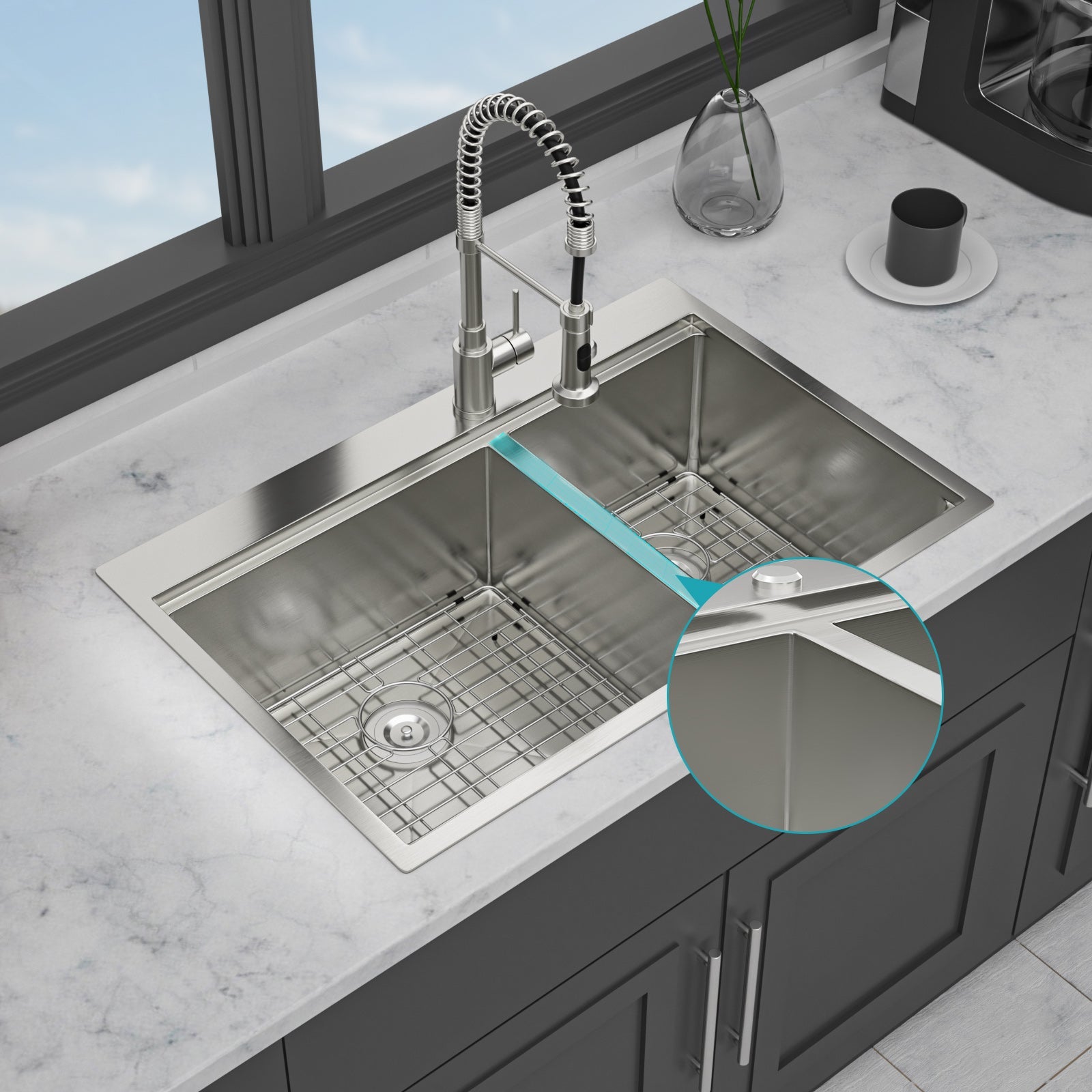 Topmount Drop In Kitchen Sink - 33" x 22" Double Bowl (60/40)