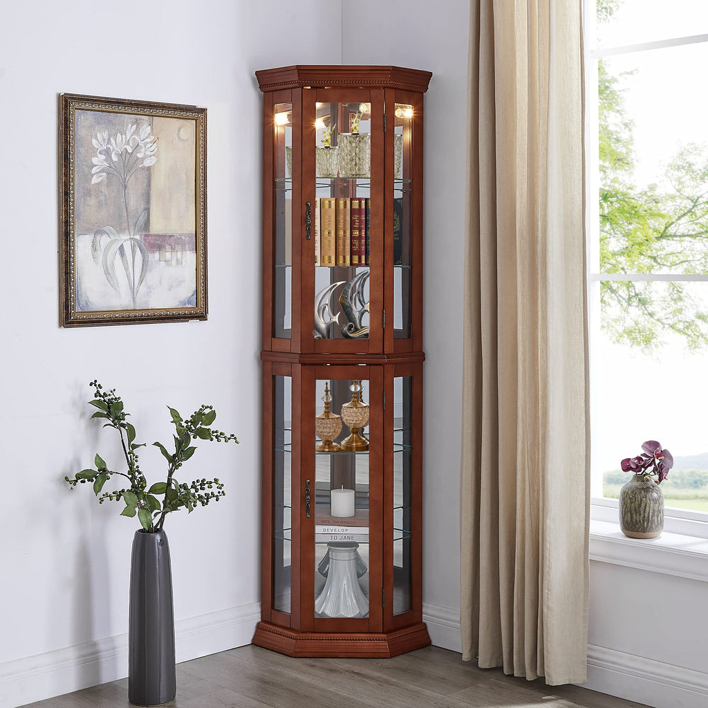 Corner Curio Cabinet with Adjustable Glass Shelves and Lights
