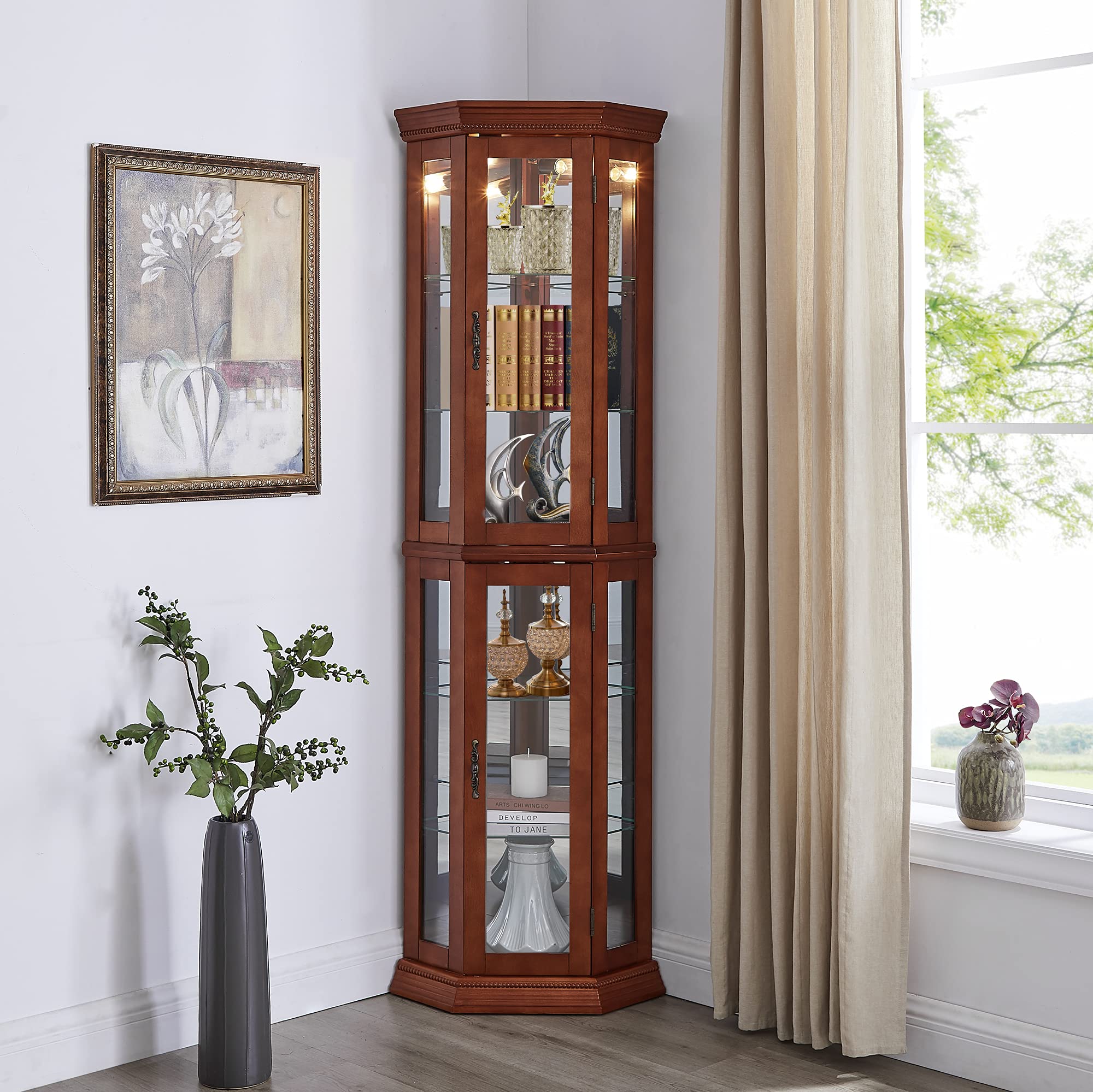 Corner Curio Cabinet with Adjustable Glass Shelves and Lights