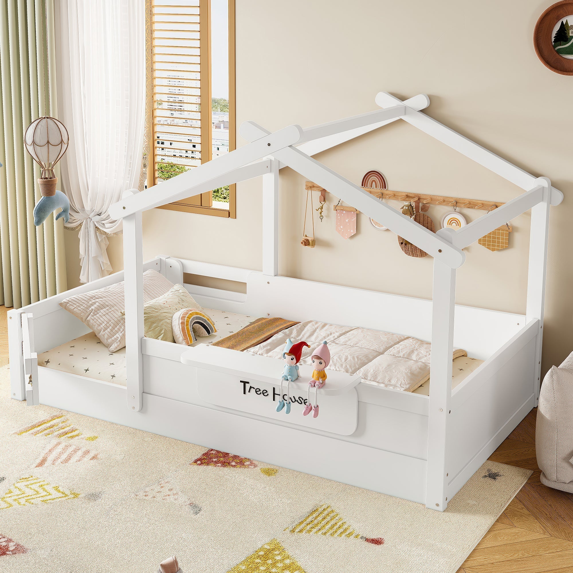 Twin Size Floor Bed with Guardrails and Roof