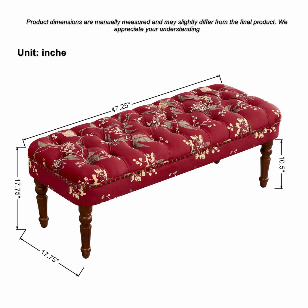European Style Tufted Floral Bench with Turned Wood Legs
