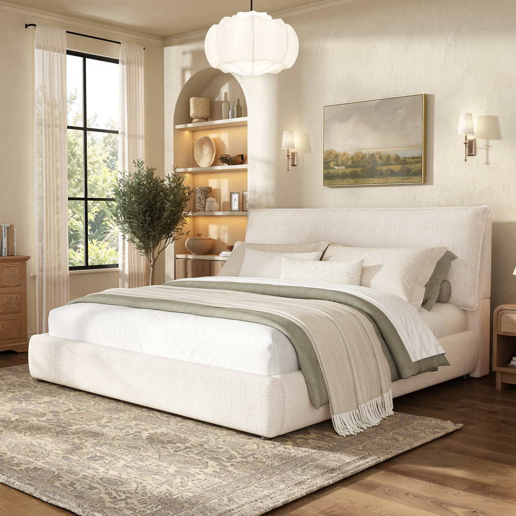 Upholstered Platform Bed Frame with Oversized Plush Pillow Headboard