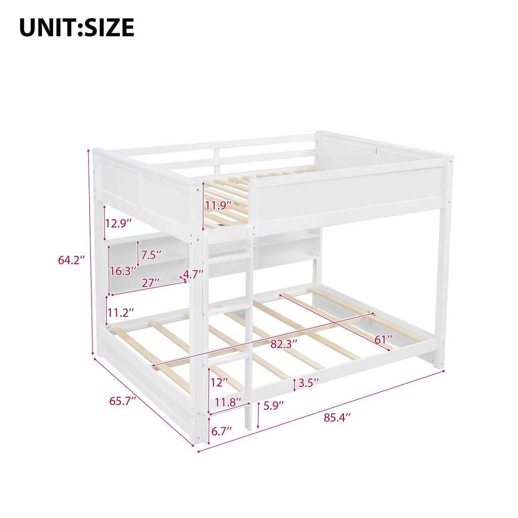 Queen Over Queen Bunk Bed with Storage Cabinets and USB Ports