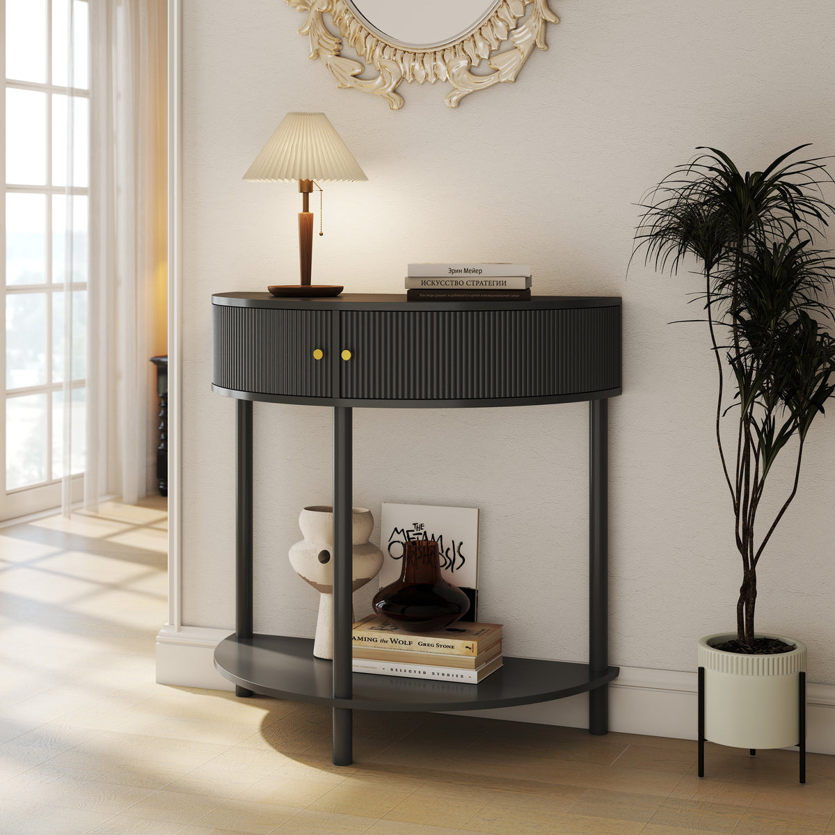 Artisan-Crafted Wave-Pattern Demi-Lune Console Table