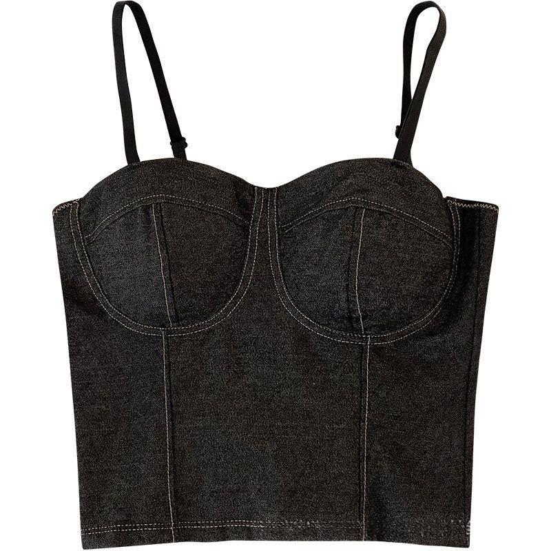 Retro Distressed Denim Small Vest Camisole Base Top