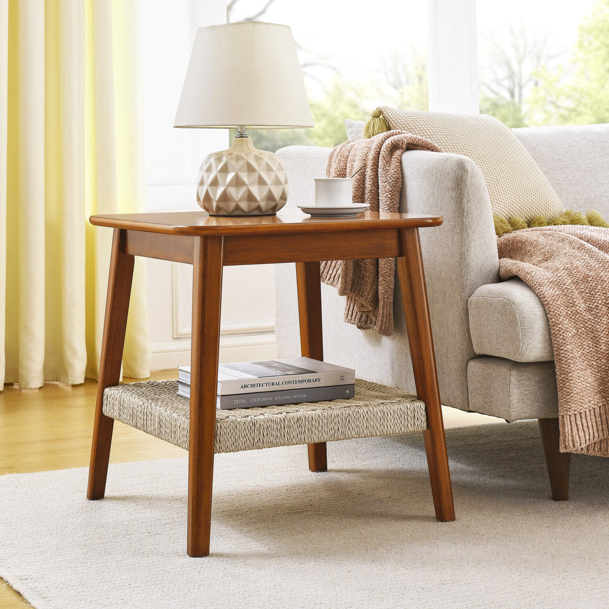 23" Mid-Century Side Table with Woven Shelf