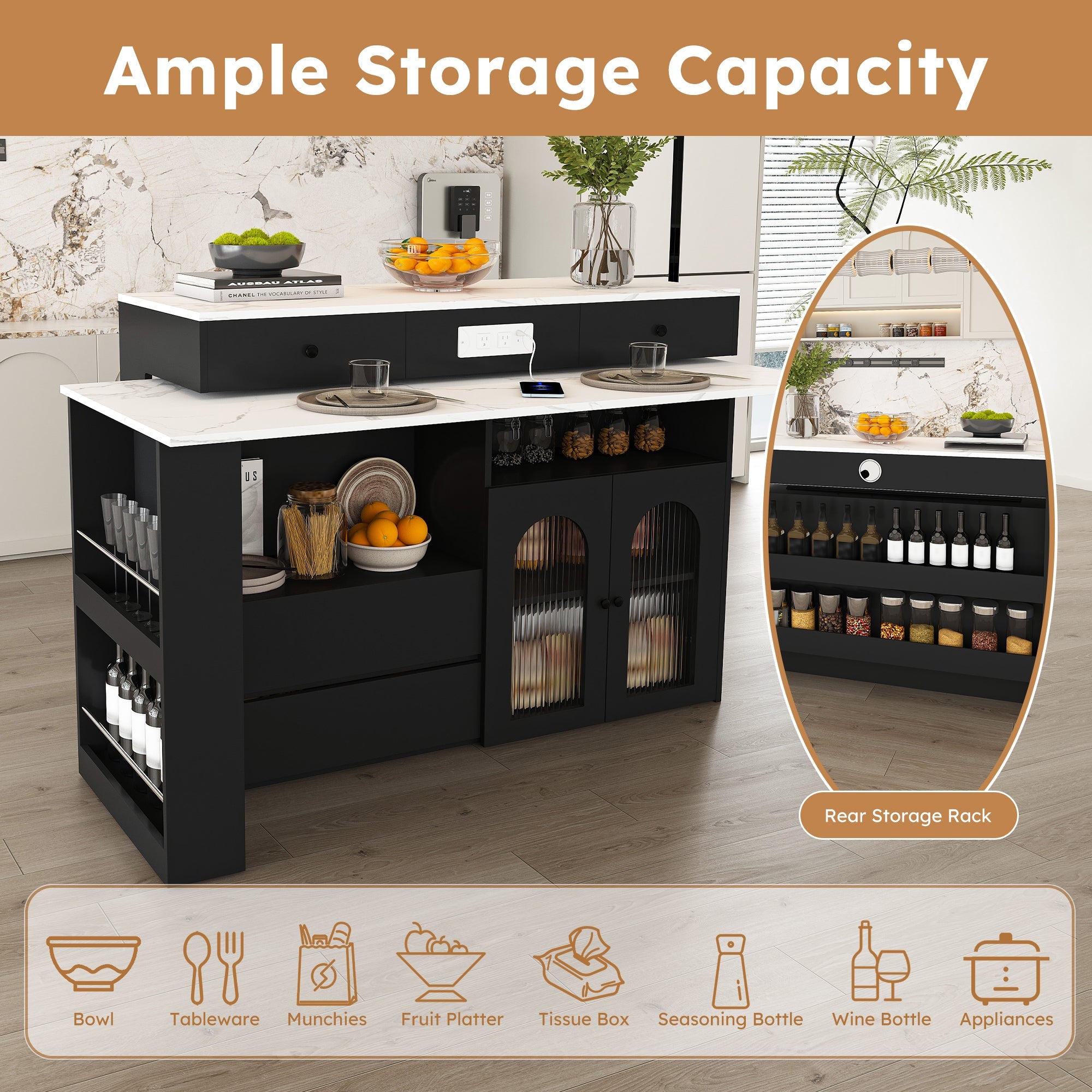 Kitchen Island with Extendable & Rotating Table
