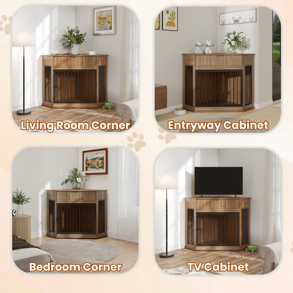 44.6" Corner MDF Dog Crate Furniture for Small/Medium Dogs