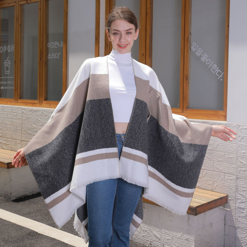 Womens Striped Tassel Cross-Strap Warm Cape Shawl