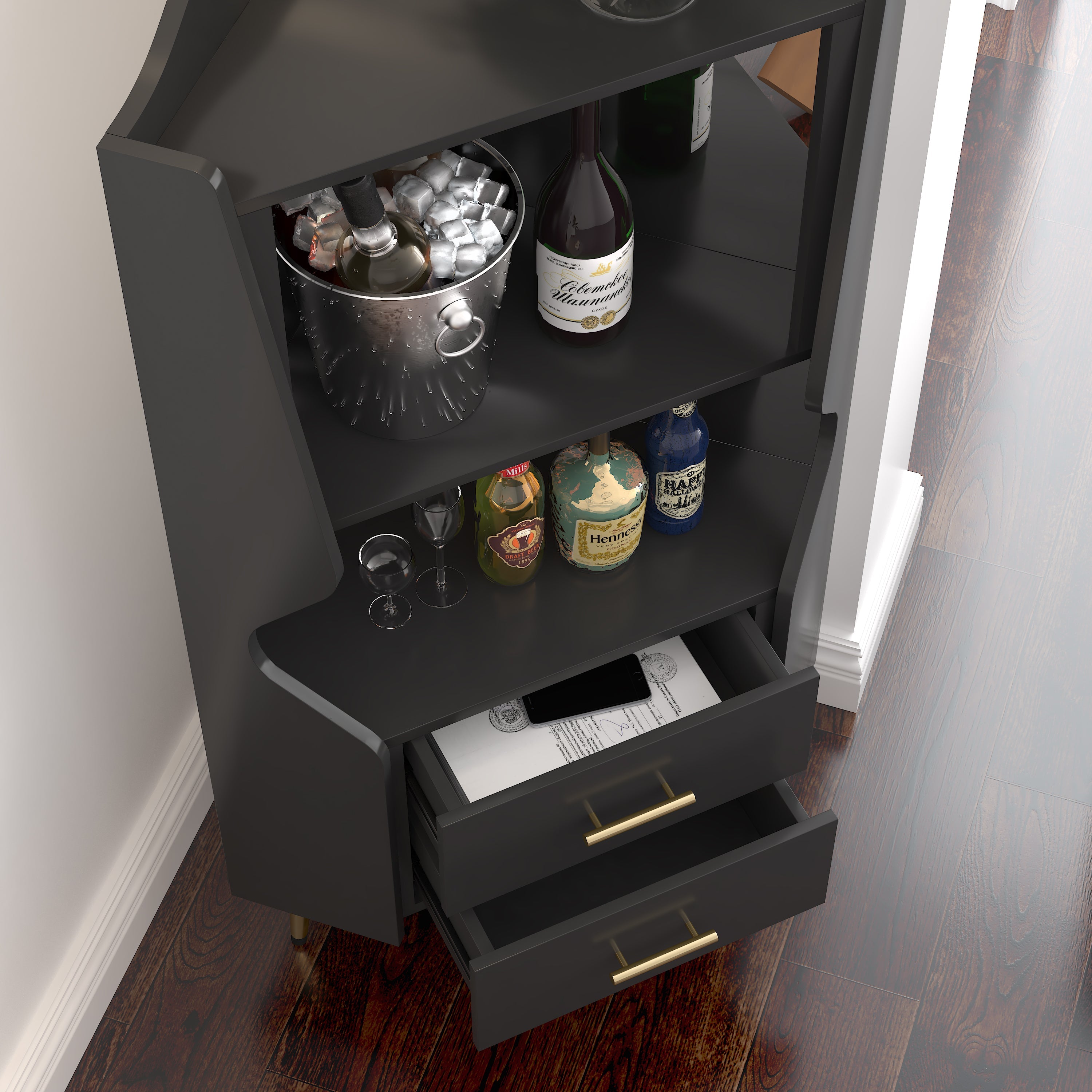 Wooden Corner Bar Cabinet With 2 Open Storage Shelves And 2 Drawers