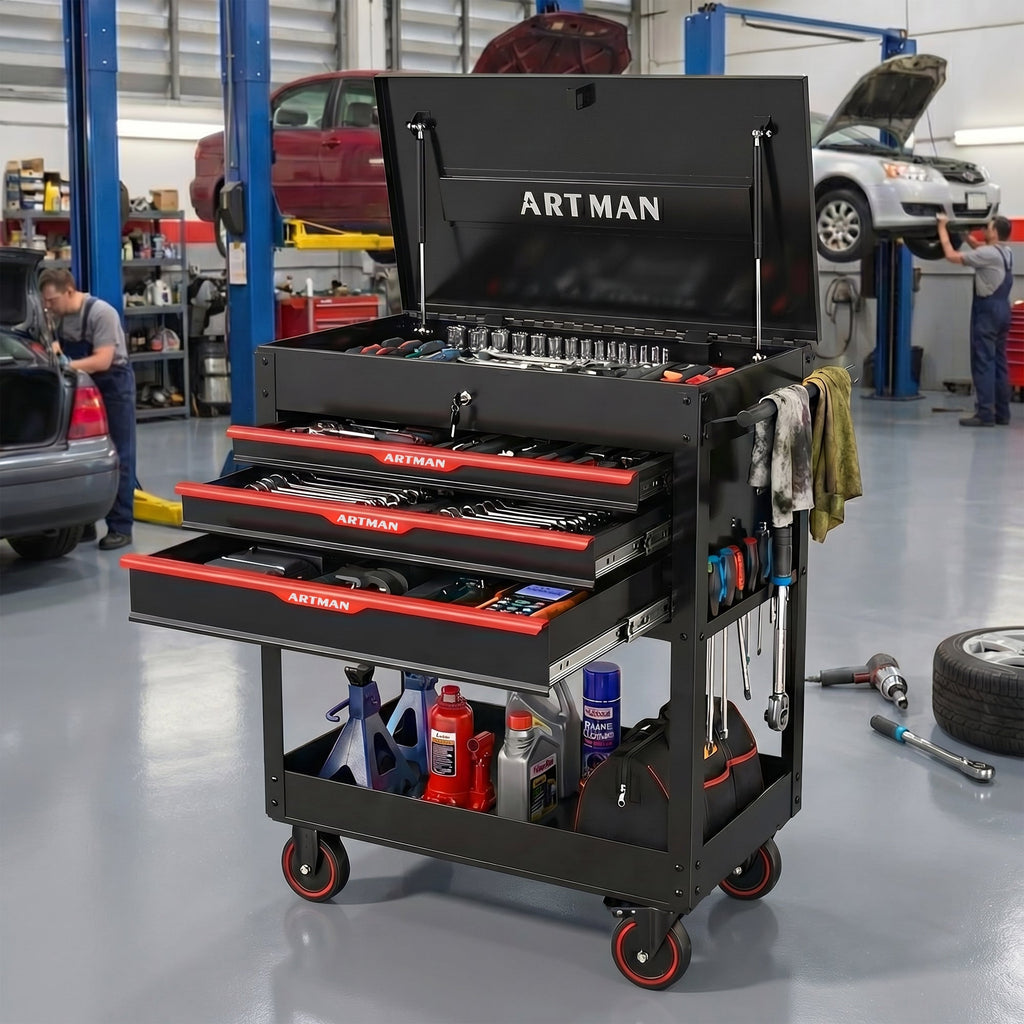 3 Drawers Multifunctional Tool Cart with Wheels and Steel Top