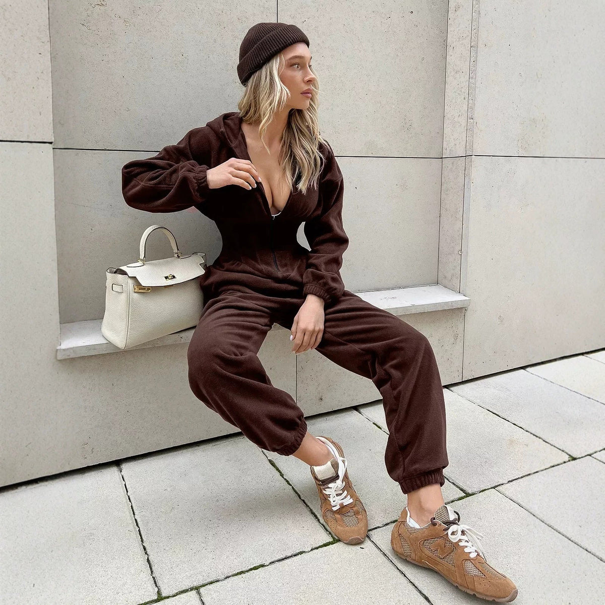 Women's Fallwinter Jumpsuit With Long Sleeves Sporty And Casual Featuring A Hood