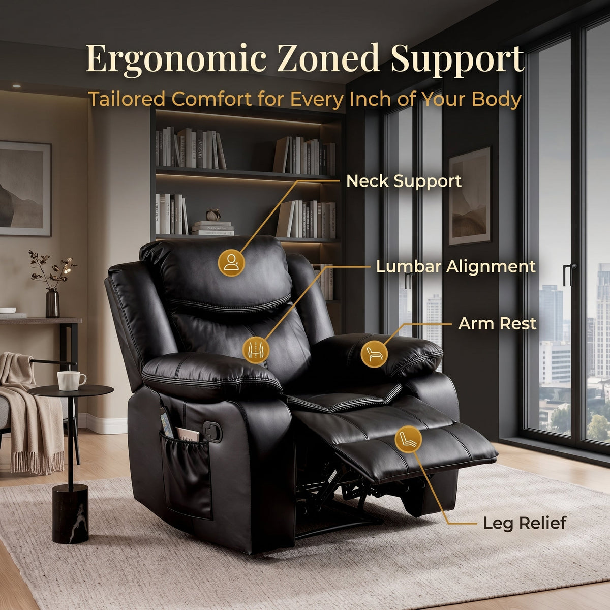 Black Color Air Leather Recliner Chair With Vibration And Heating