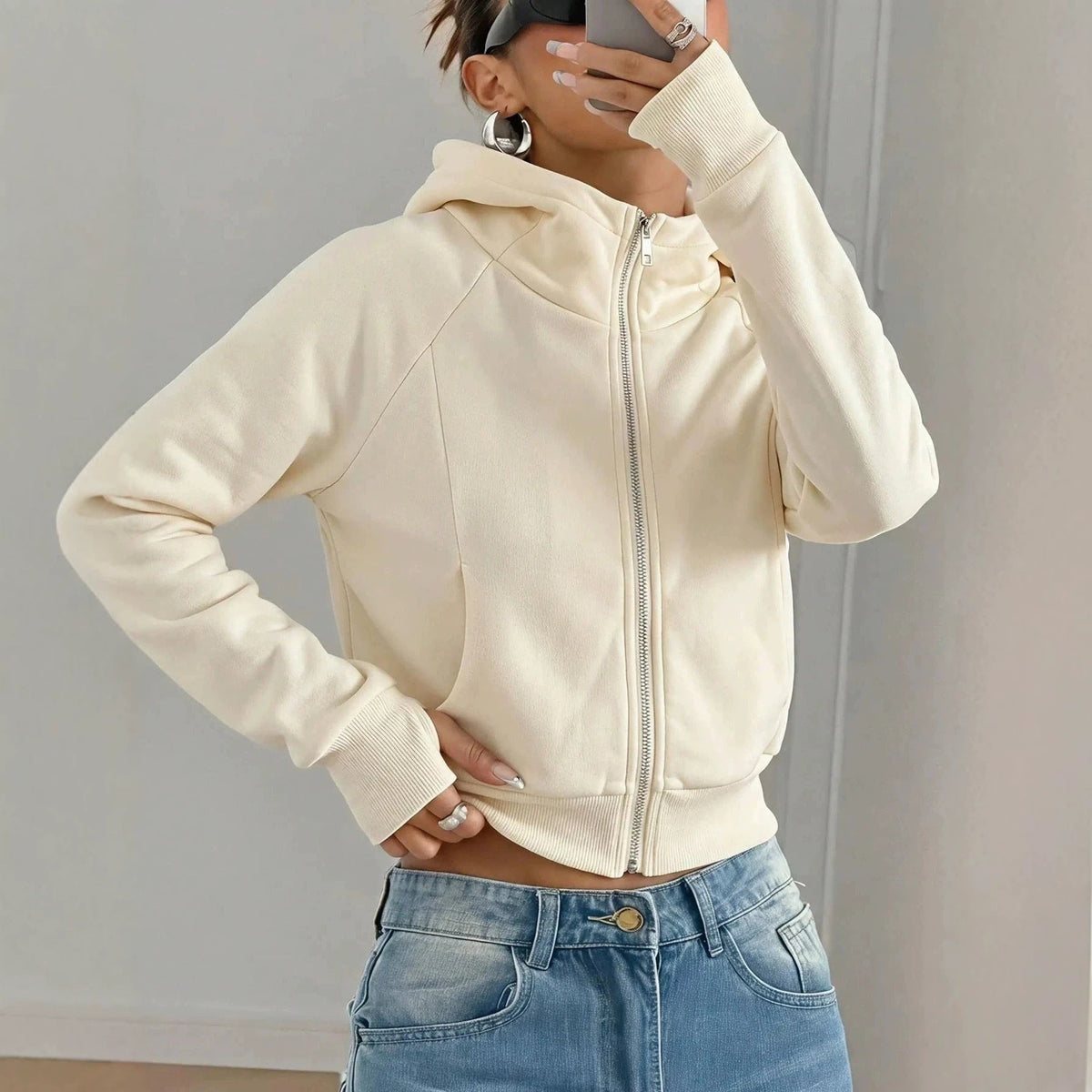 Solid-color Cropped Hooded Sweatshirt For Women