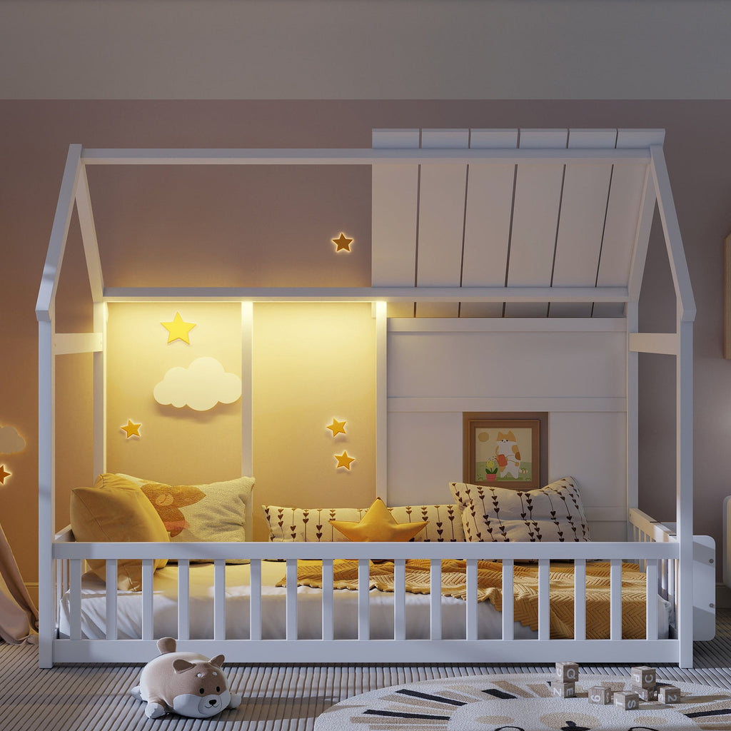 Twin Size House Floor Bed With 7 Colors LED Light