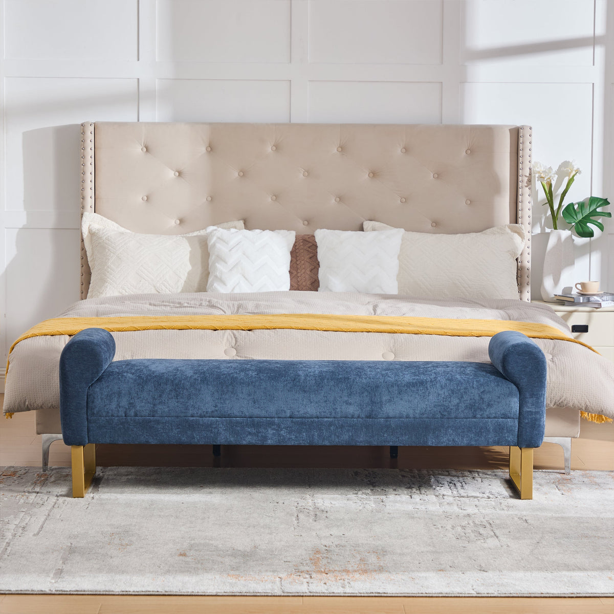 65" Ottoman Bench, Chenille Bench for Bedroom