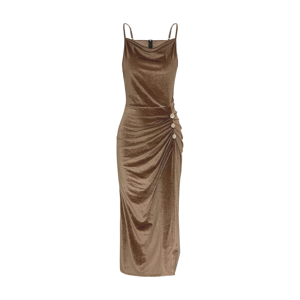 EBay Independent Site European And American Cross-border Foreign Trade Shiny Velvet Bodycon Dress With A Swing Collar, Waist-cinching, Side Slit, And Spaghetti Straps