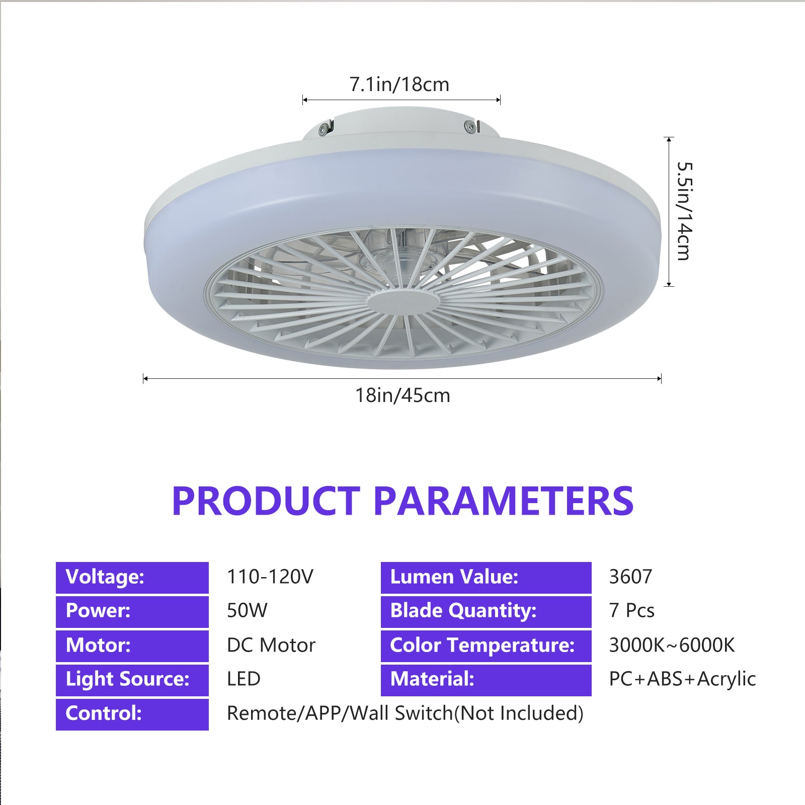 18 Inch Ceiling Fan with RGB Light Remote