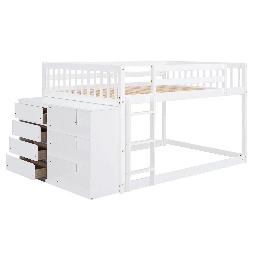 Full Over Full Bunk Bed with 4 Drawers and 3 Shelves - White
