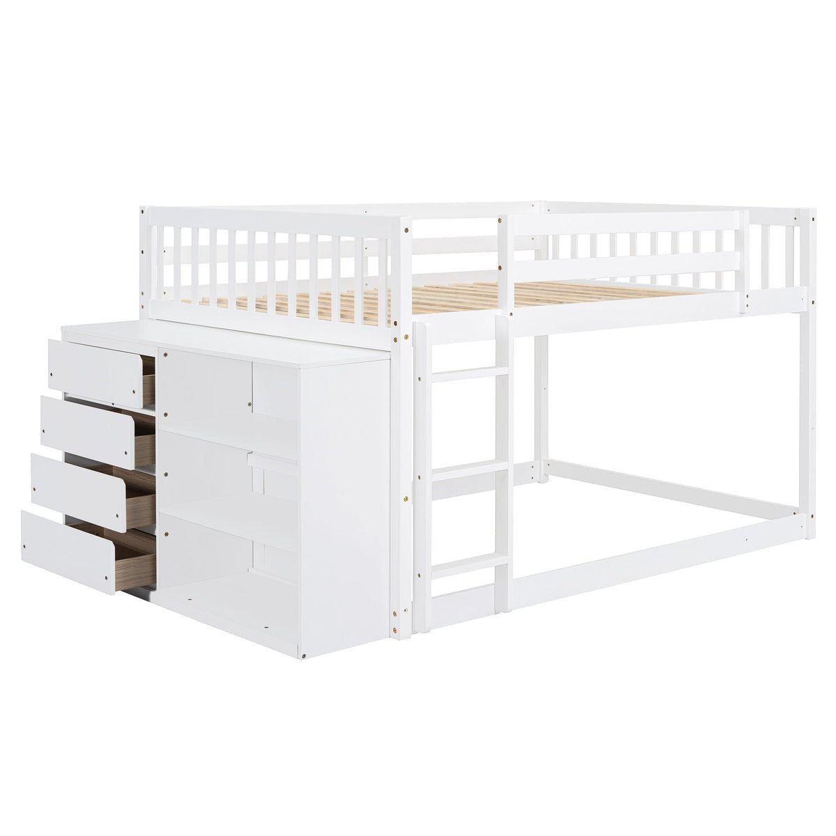Full Over Full Bunk Bed with 4 Drawers and 3 Shelves - White