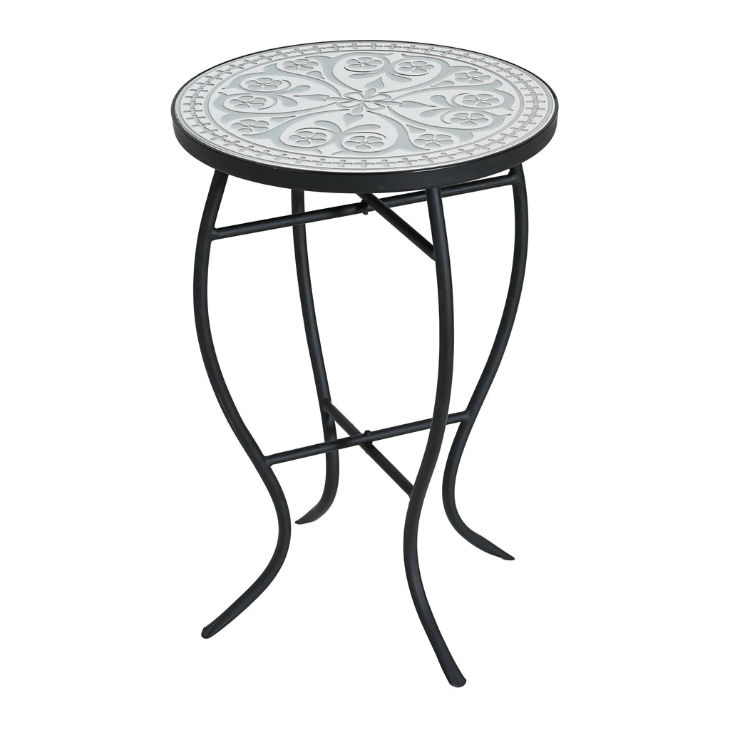 Outdoor Round Side Table with Mosaic-Style Top and Curved Iron Legs