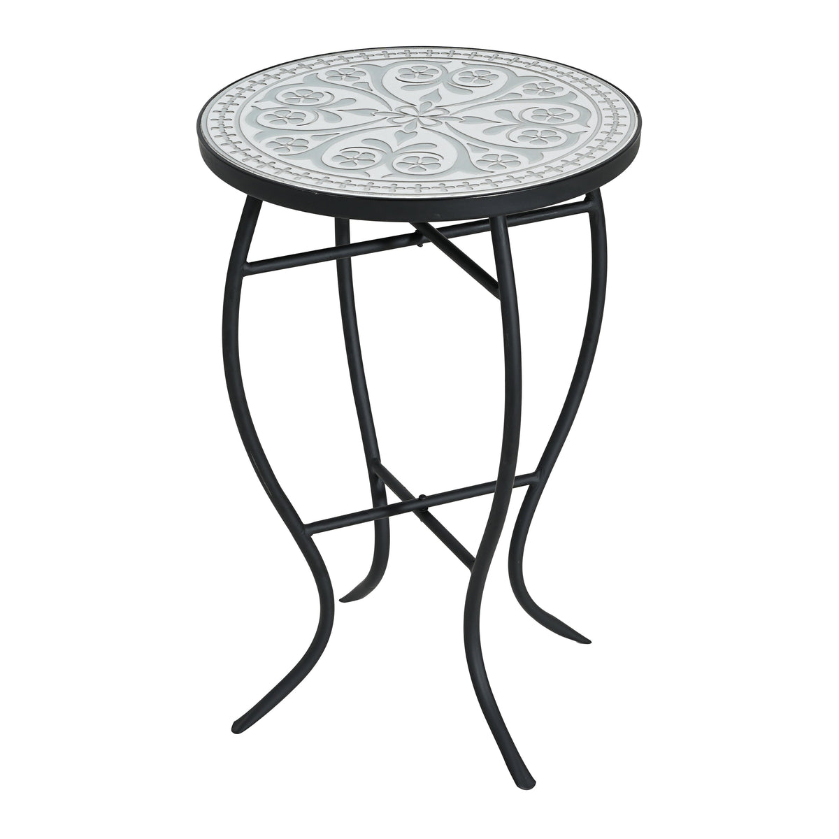 Outdoor Round Side Table with Mosaic-Style Top and Curved Iron Legs