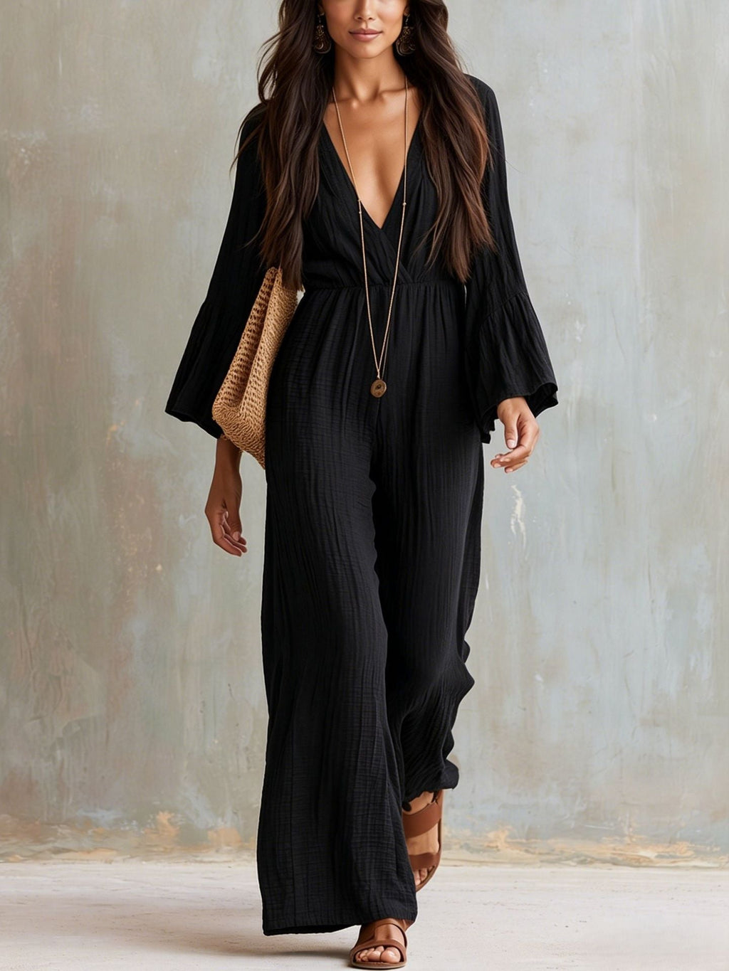 Bohemian-style V-neck Loose-fit Wide-leg Jumpsuit
