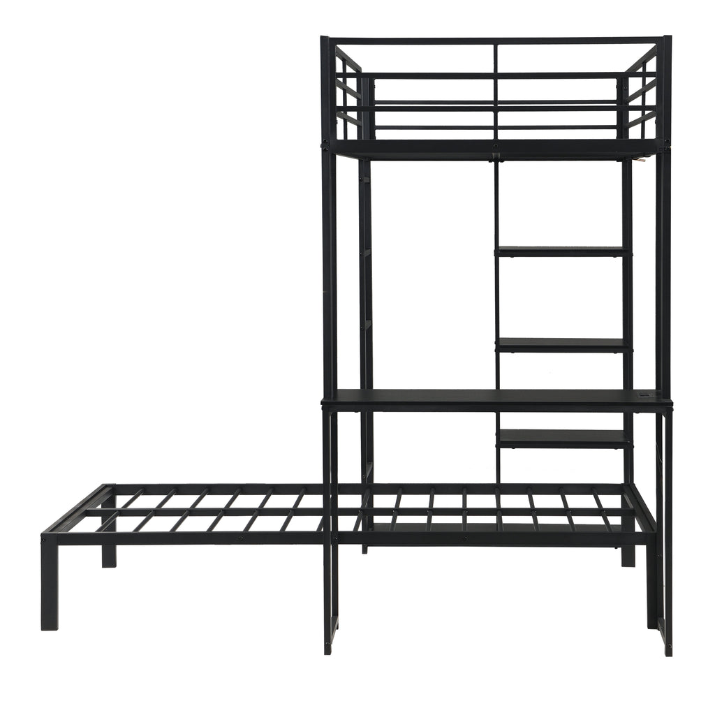 Metal Loft Bed Frame with LED Light Strip, Side Storage Shelves & Built-in Desk