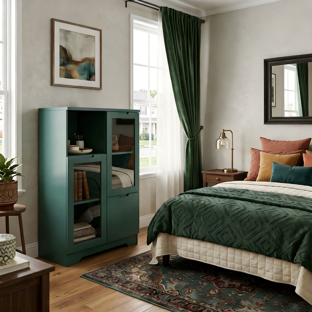 MDF Painted Cabinet with Glass Doors and Drawer