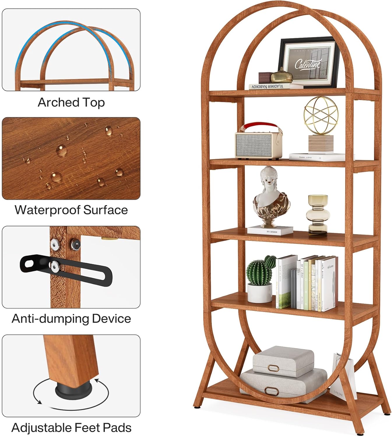 70.8" 5-Tier Modern Brown Arched Open Bookshelf
