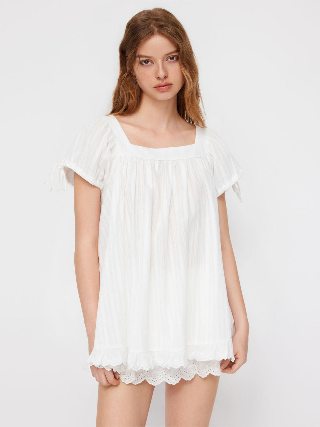 Hot-Selling Cross-Border Women's Casual Square Neck Ruffle Tie Short-Sleeve Shirt