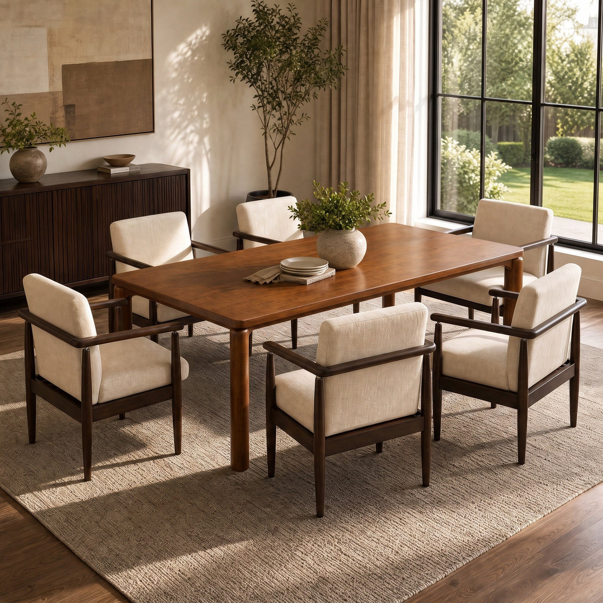 Mid-Century 7-Piece Dining Table Set, 70" Rubber Wood