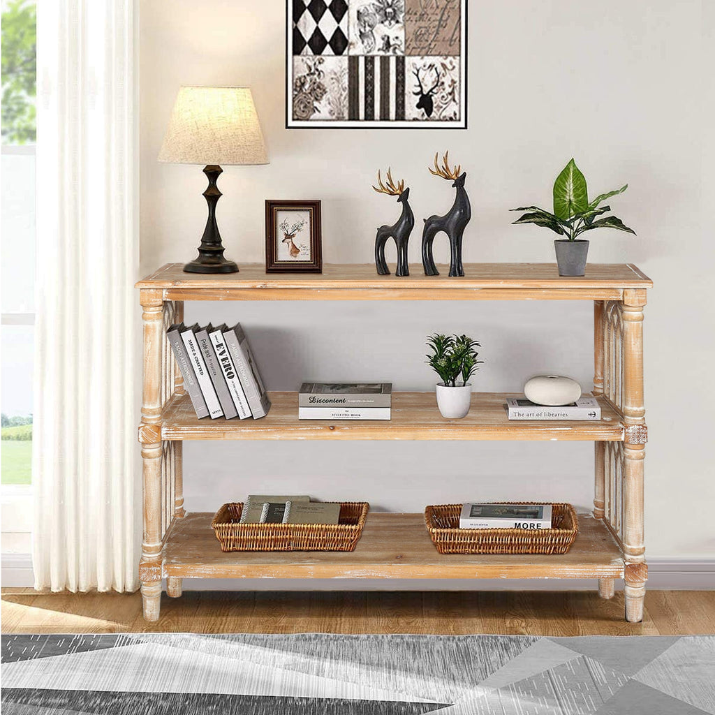 Rustic 3-Tier Console Table with Gothic-Inspired Details