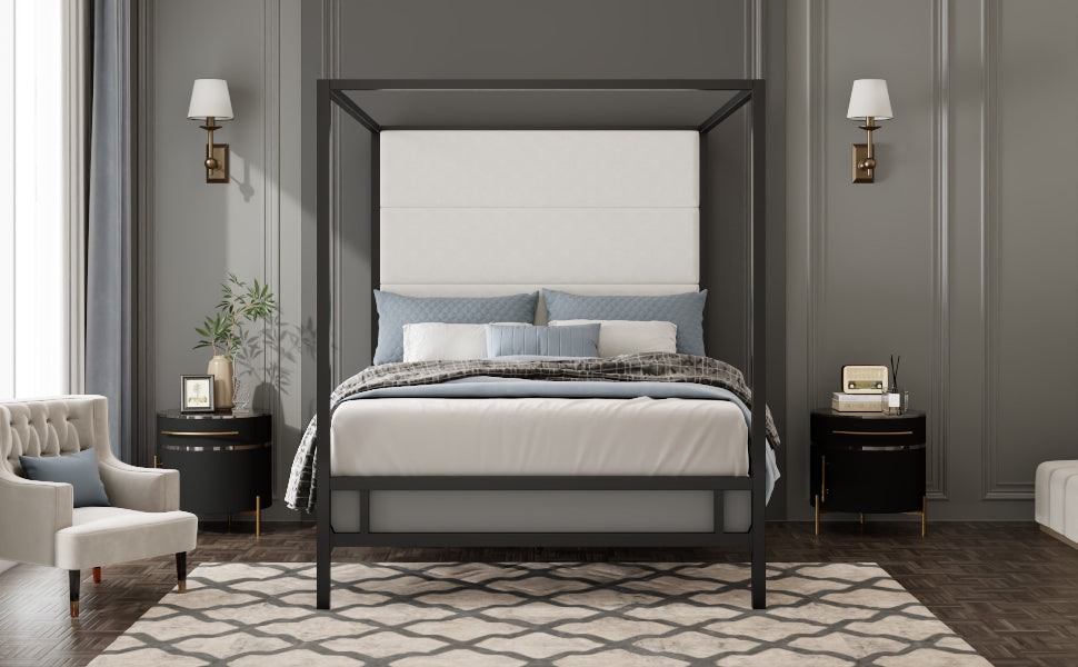 Modern Canopy Bed with Velvet Upholstered Headboard