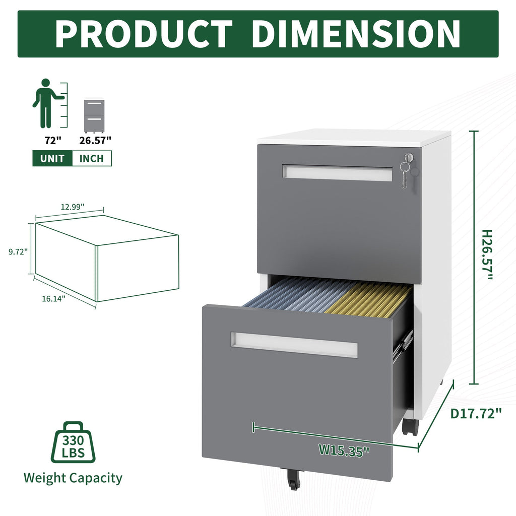 2-Drawer Mobile File Cabinet with Lock