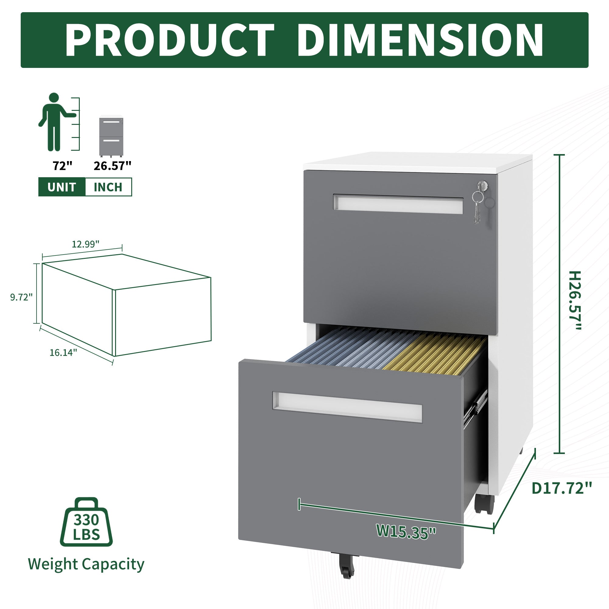 2-Drawer Mobile File Cabinet with Lock