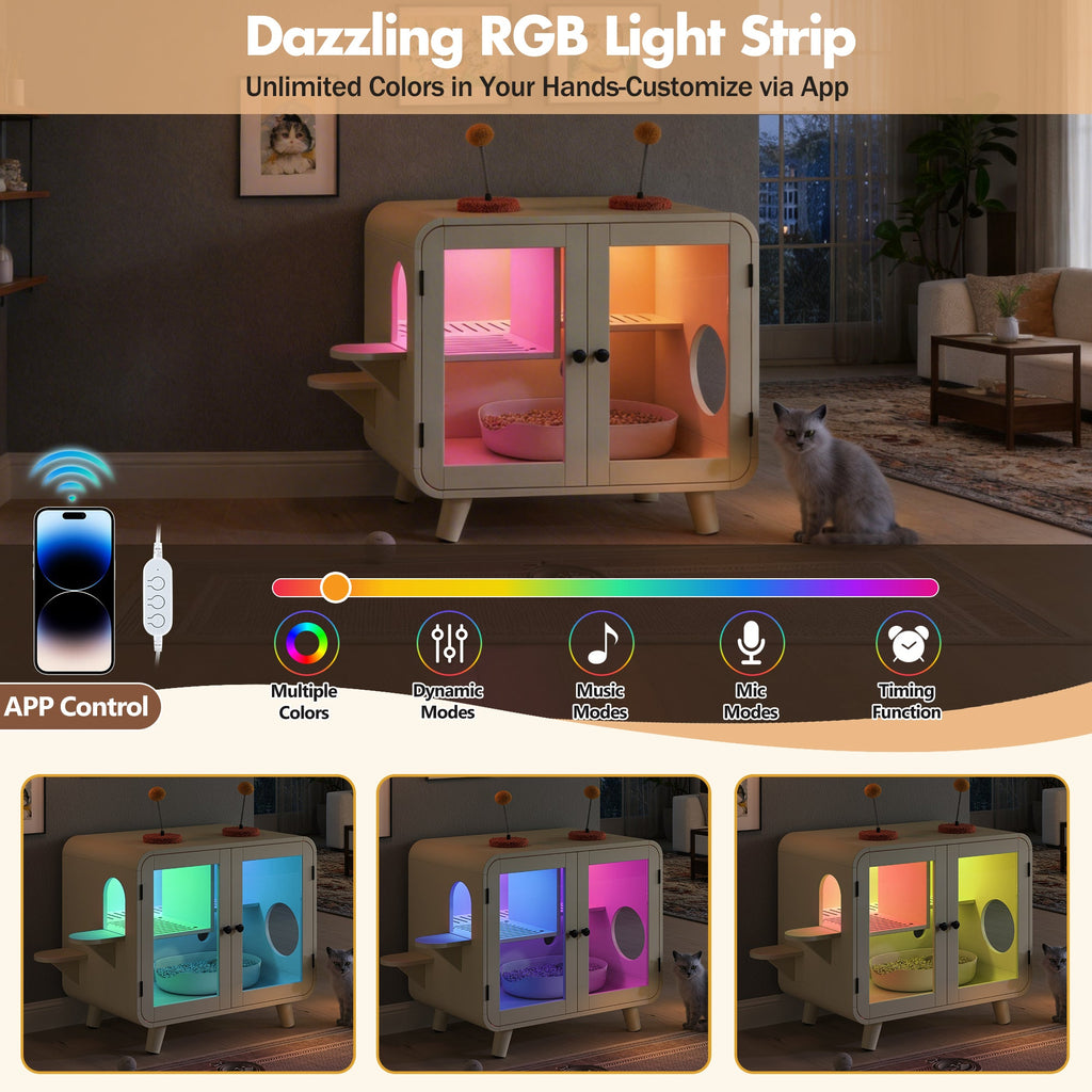 Cat Hidden Litter Box Enclosure with RGB LED Light