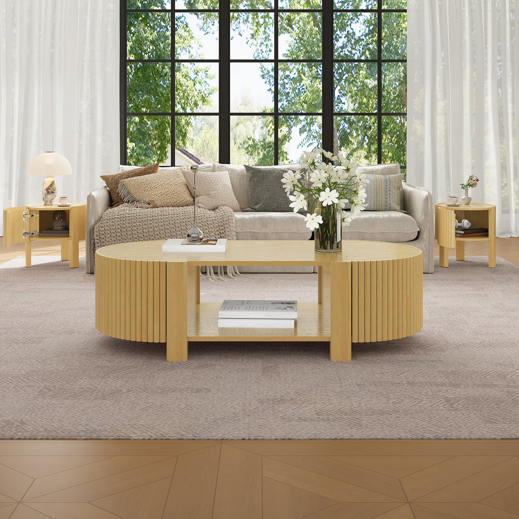 Oval Fluted Coffee Table with Storage for Living Room