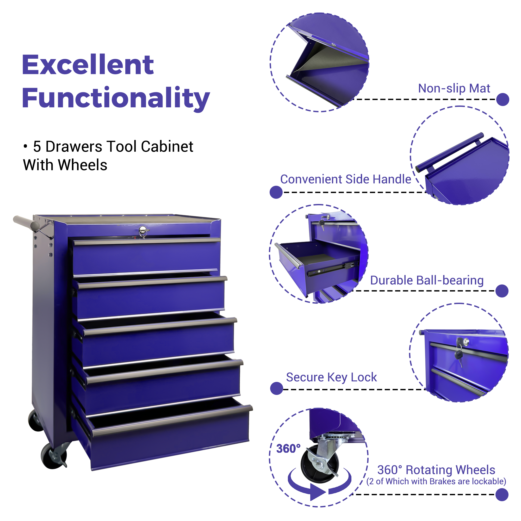 Rolling Metal Tool Chest with 5 Drawers
